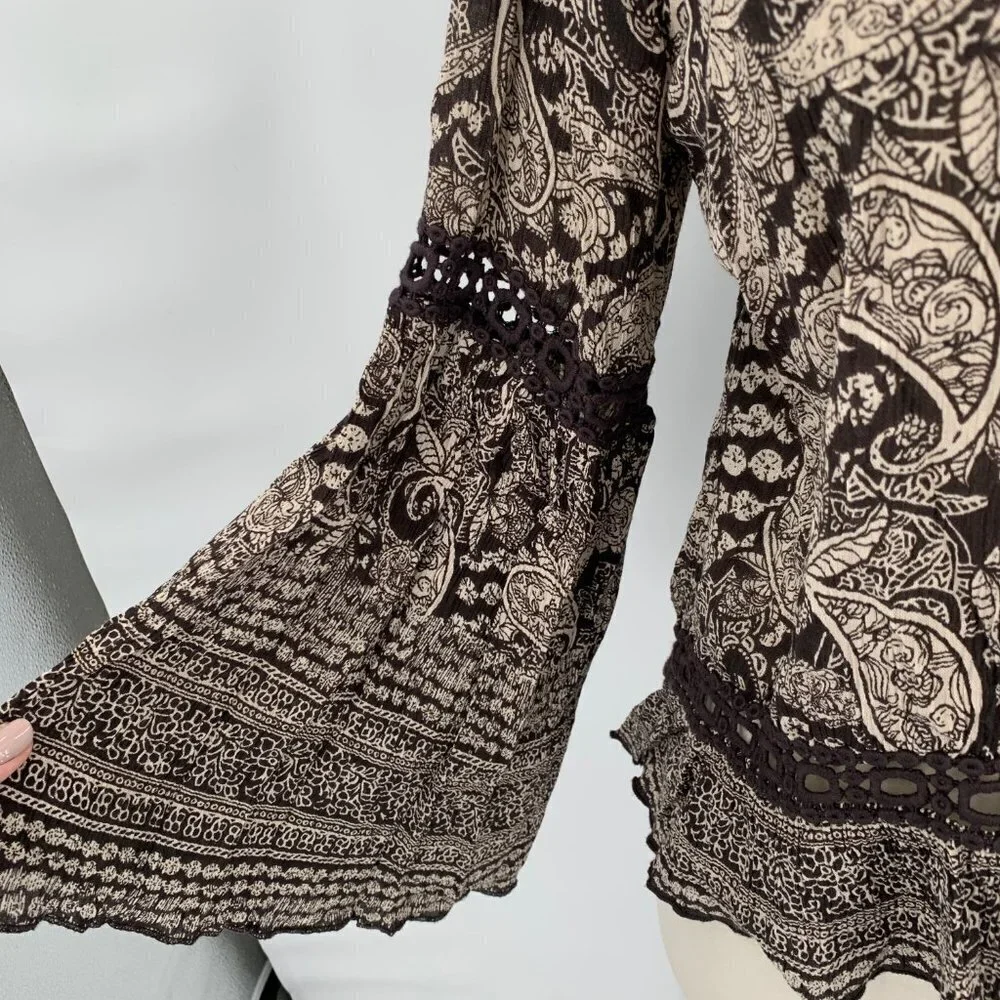 PATRONS OF PEACE Cut Out Top Bell Sleeve Boho S Bohemian Blouse Women Brown